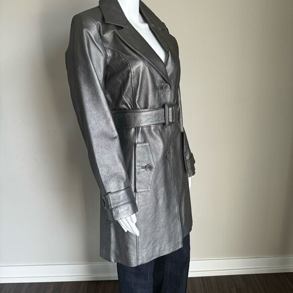Vintage Y2K Silver Metallic Leather Trench Coat - Picture 1 of 8